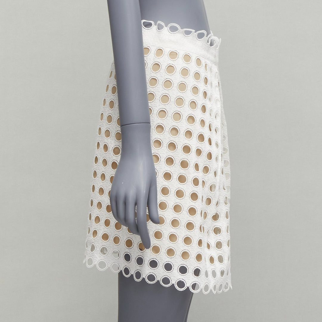 CHLOE white embroidery anglais eyelet layered silk lined skirt FR34 XS