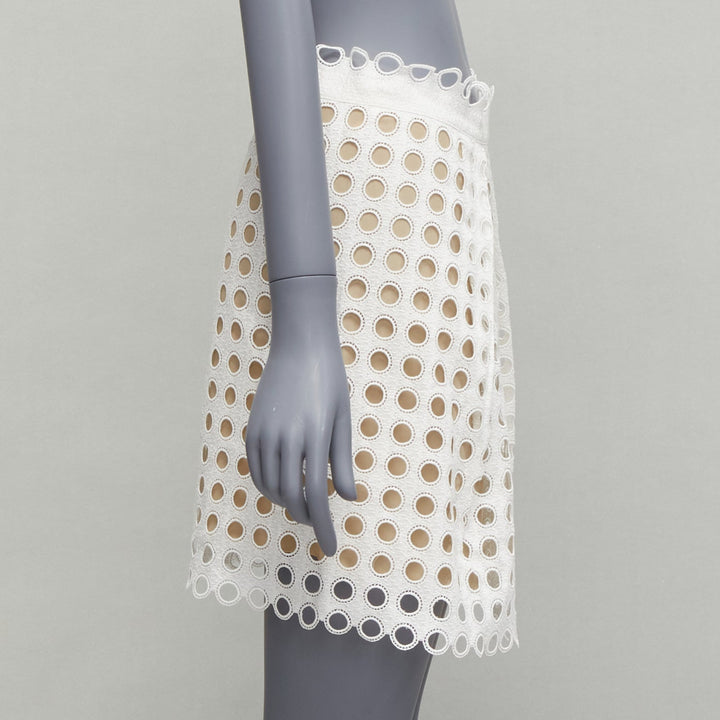 CHLOE white embroidery anglais eyelet layered silk lined skirt FR34 XS