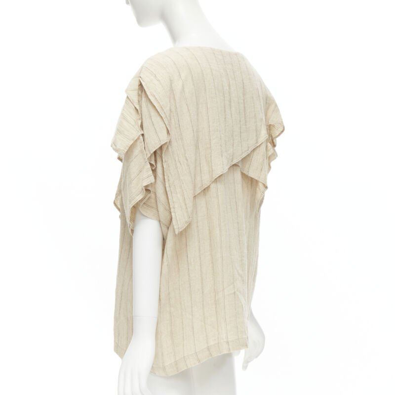 ISSEY MIYAKE 1980's Vintage beige striped linen waterfall ruffle top S Rare