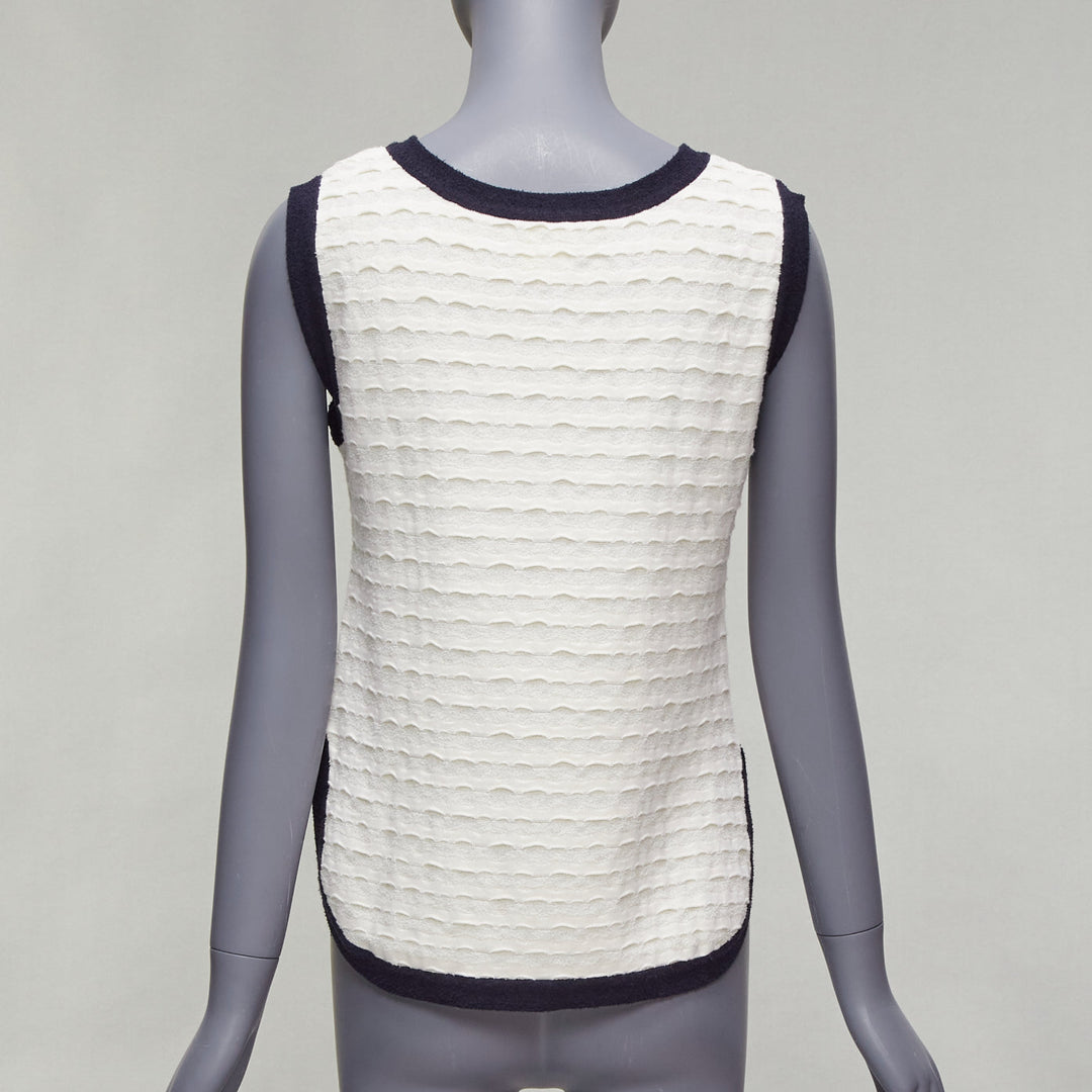 CHANEL cream cotton blend navy towelling trim CC logo knitted vest FR38 M