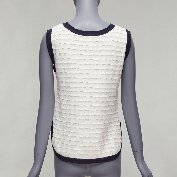 CHANEL cream cotton blend navy towelling trim CC logo knitted vest FR38 M