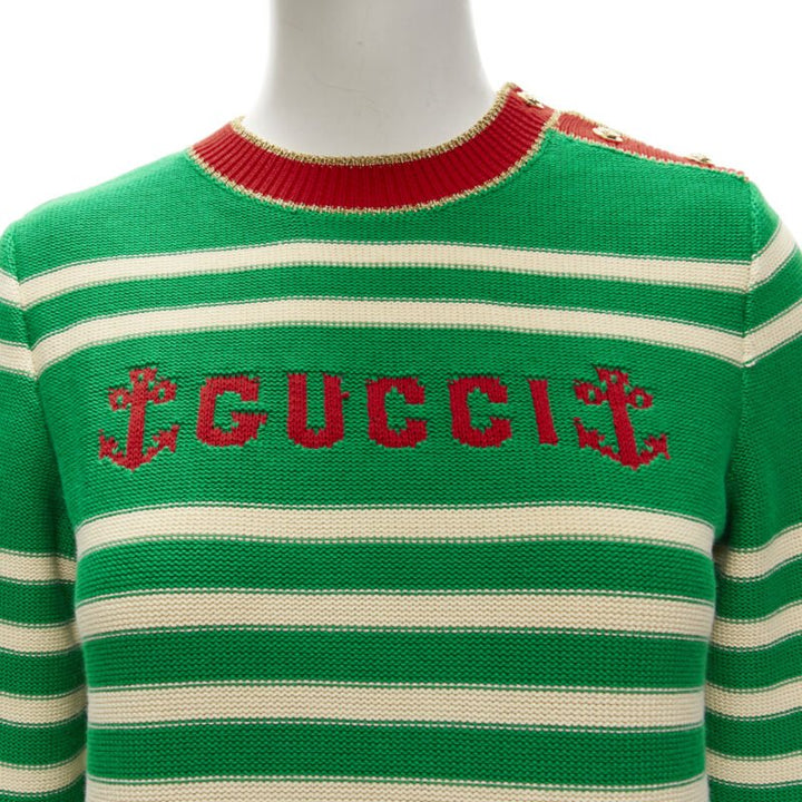 GUCCI Nautical sailor intarsia embroidery green beige striped sweater XS