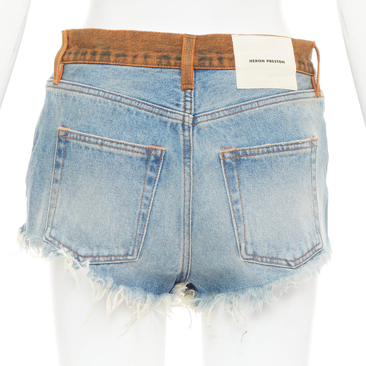 HERON PRESTON western cowboy blue washed denim orange waist cut off shorts 25"