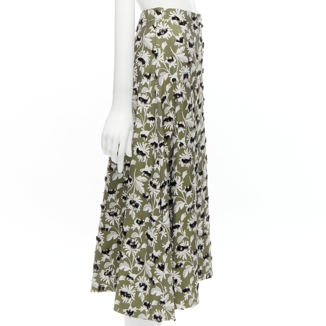 BALENCIAGA 2015 green black fringe embellishment white floral midi skirt FR36 S