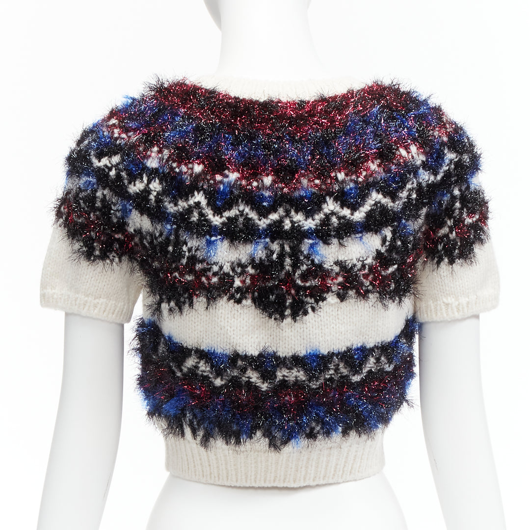 CHANEL pink blue fluffy lurex cream intarsia crystal CC cropped sweater FR34 XS