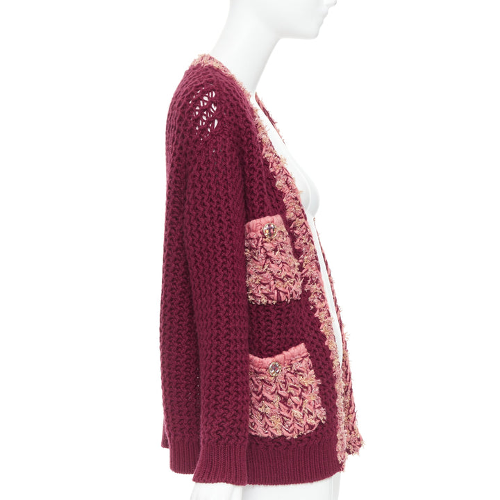 CHANEL 2022 Runway 100% cashmere burgundy pink tweed 4 pockets cardigan FR34 XS