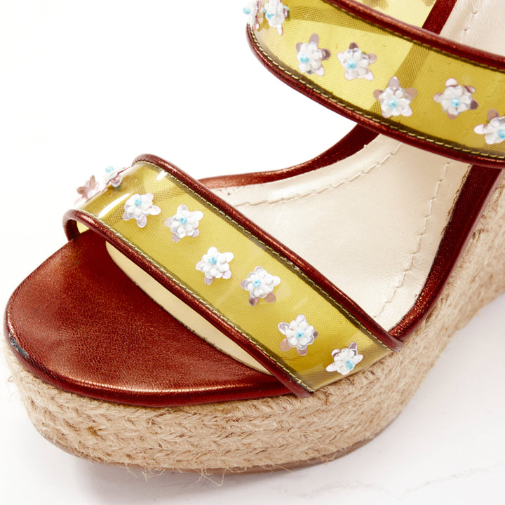 DIOR Raf Simons yellow PVC strap floral brown strap  jute wedges EU35.5