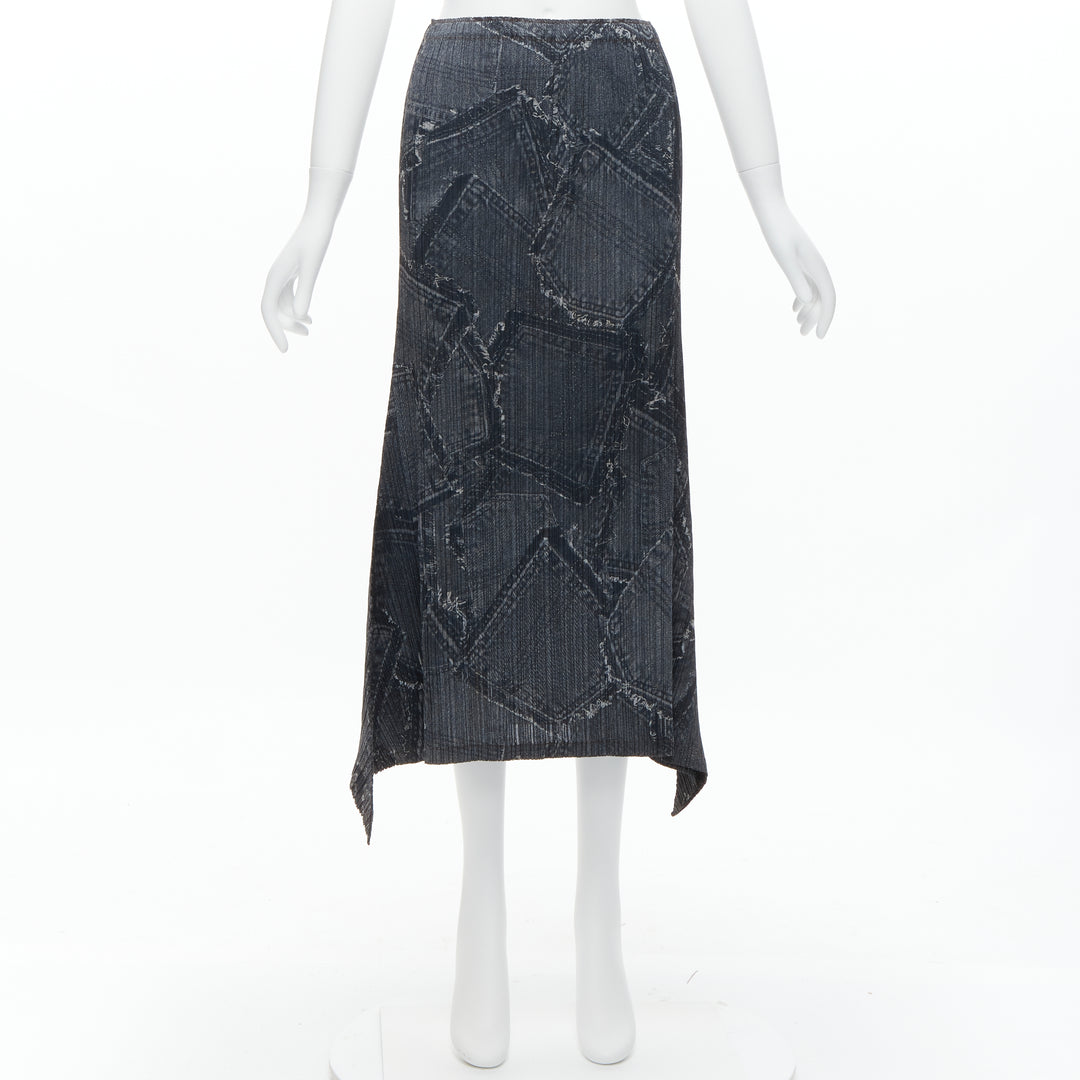 ISSEY MIYAKE PLEATS PLEASE dark blue denim patchwork print pleated skirt JP2 M