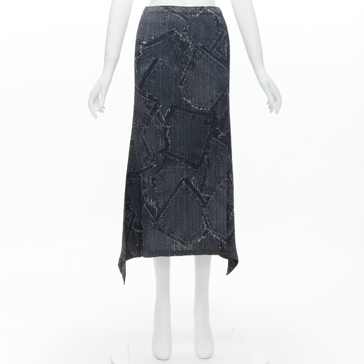 ISSEY MIYAKE PLEATS PLEASE dark blue denim patchwork print pleated skirt JP2 M