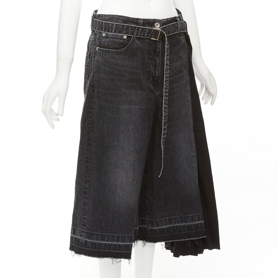 SACAI 2020 black cotton wool nylon denim pleats deconstruction shorts JP3 L
