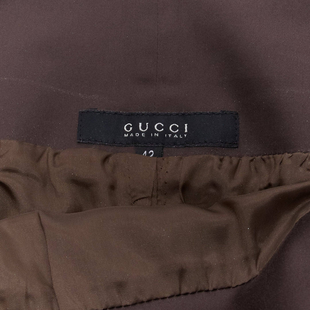 GUCCI brown silky texture zigzag topstitch flap waistband pencil knee skirt IT42