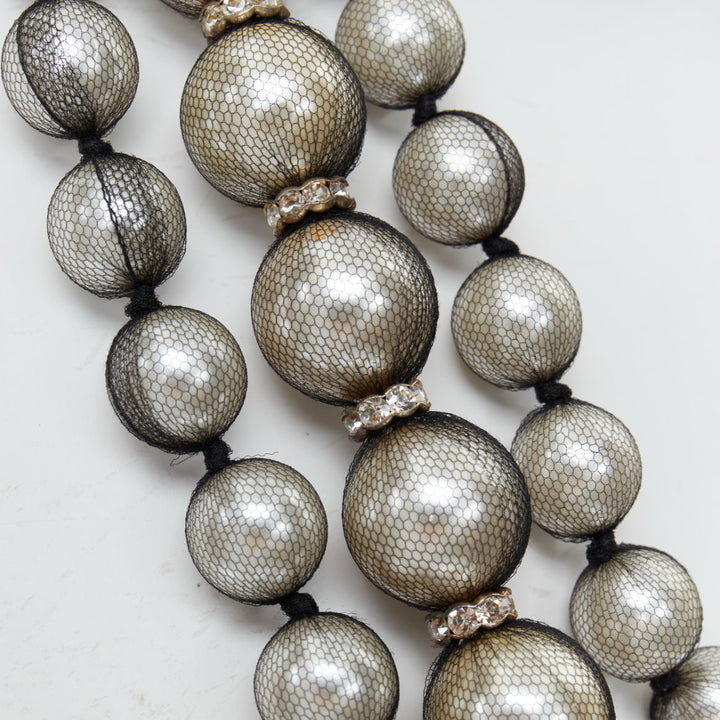 rare LANVIN black strand wrapped faux pearl crystal ribbon tie necklace
