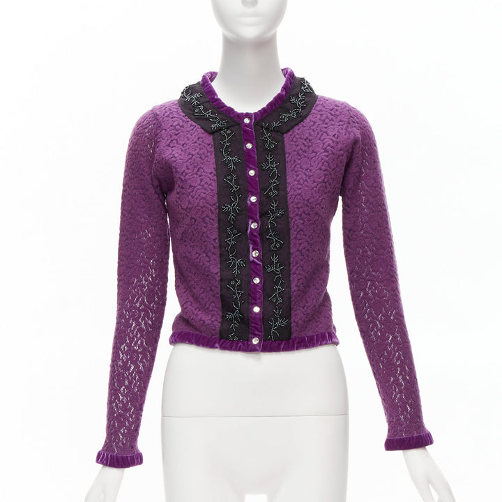 VOYAGE INVEST IN THE ORIGINAL LONDON purple wool black lace velvet cardigan M