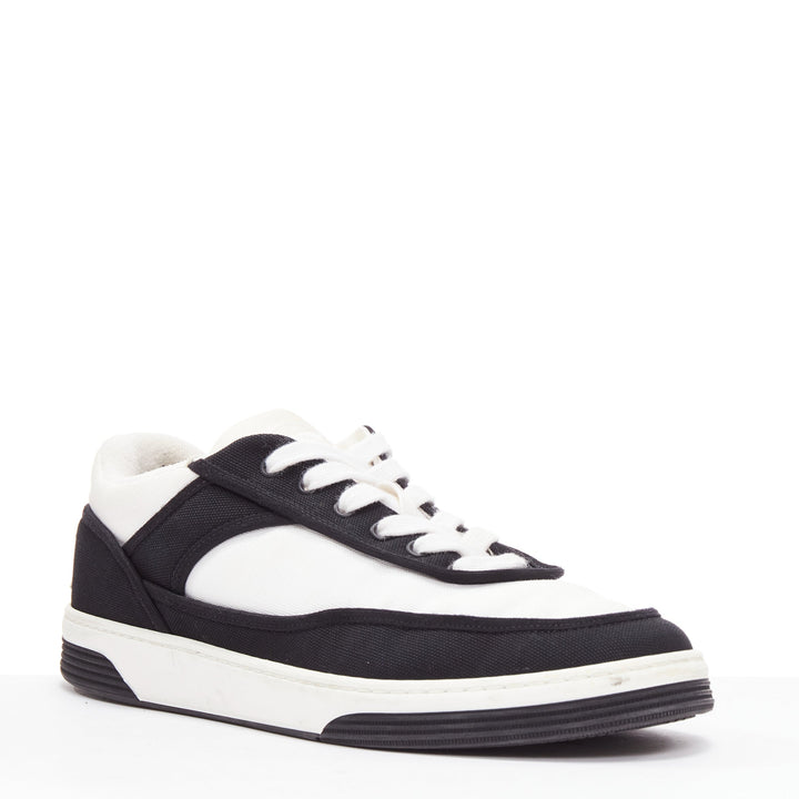 CHANEL 21S black white CC logo fabric minimal lace up sneakers EU36.5
