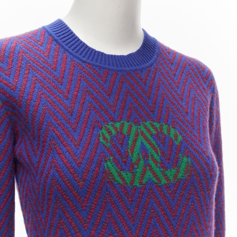 CHANEL 100% cashmere blue red chevron green CC logo crystal brooch dress FR34 XS
