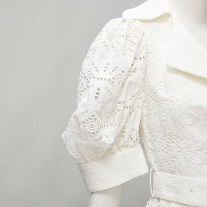 ACLER white embroidery eyelet puff sleeve belted double breasted dress US2 XS