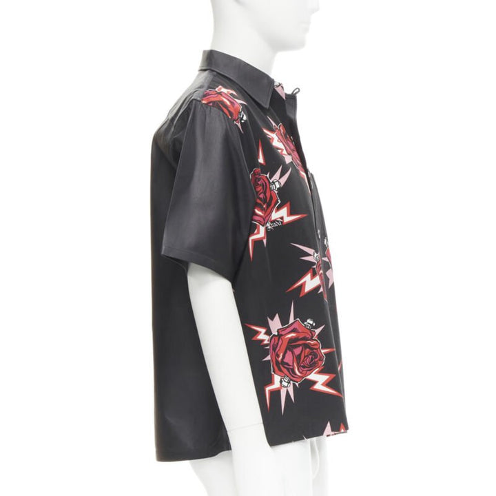 PRADA 2019 black red Rose Bolt cotton leather boxy bowling shirt EU48 M
