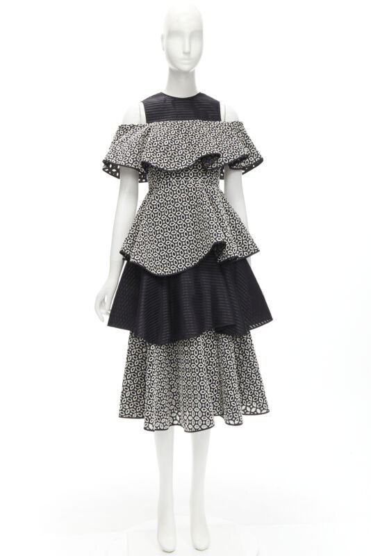 HUISHAN ZHANG black white eyelet embroidery anglais cold shoulder dress US2 XS