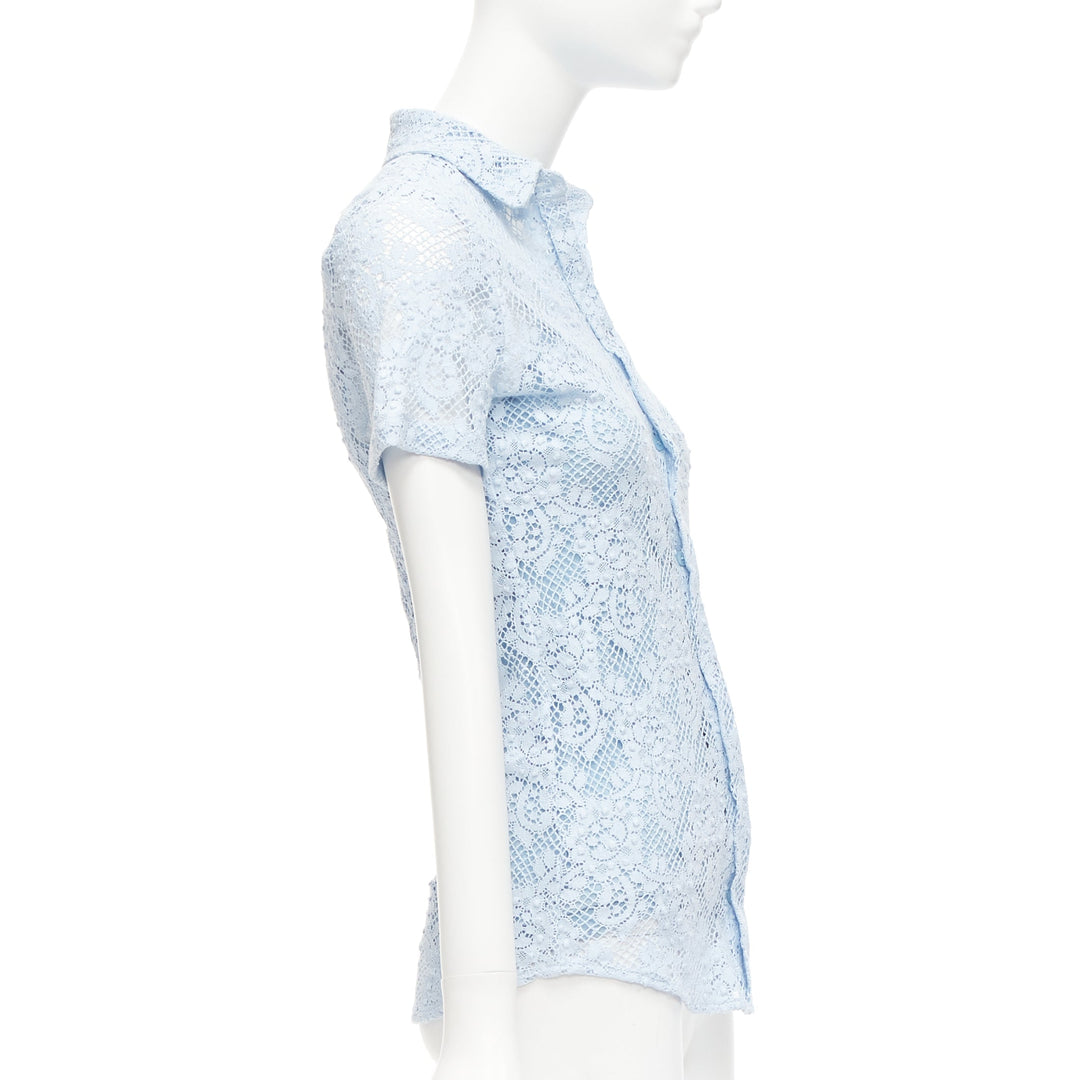 BURBERRY 2014 Runway baby blue floral lace short sleeve dress shirt IT36 XXS