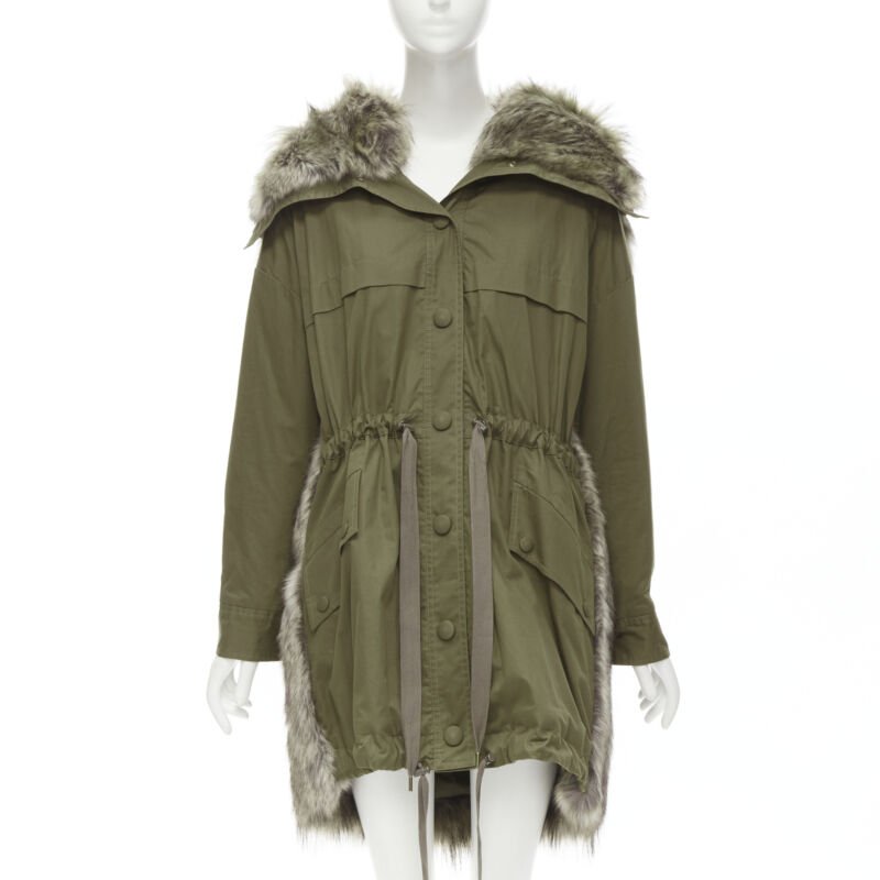 STELLA MCCARTNEY brown faux fur military green drawstring parka FR34 XS