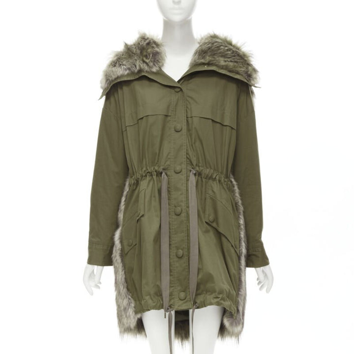 STELLA MCCARTNEY brown faux fur military green drawstring parka FR34 XS