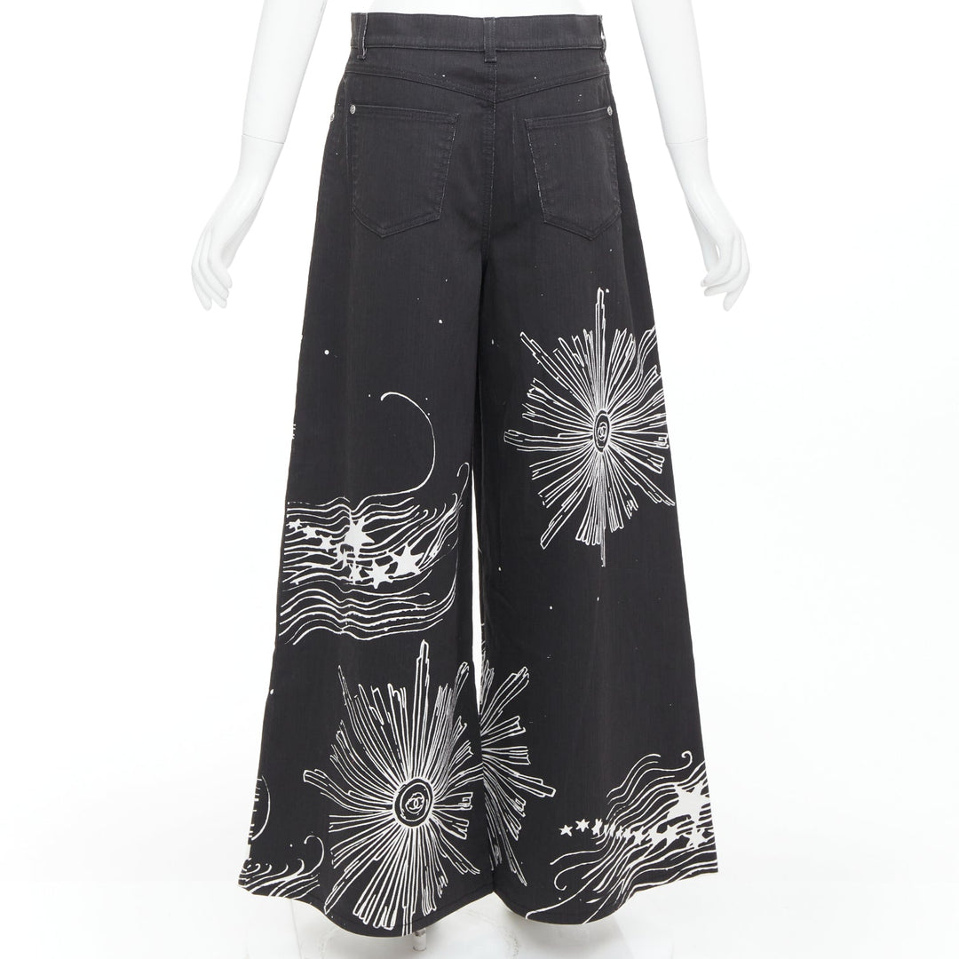CHANEL 22C black white CC horoscope star print wide leg jeans FR40 L