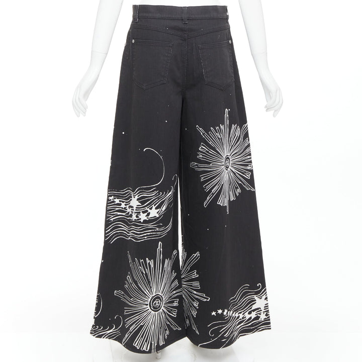 CHANEL 22C black white CC horoscope star print wide leg jeans FR40 L