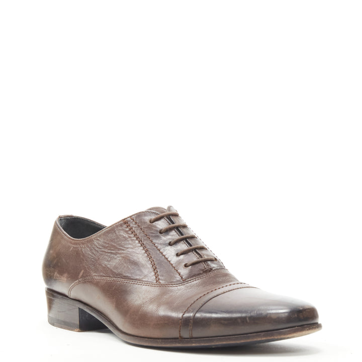 LANVIN brown calfskin lace up distressed scuffed leather dress shoes US8 EU41