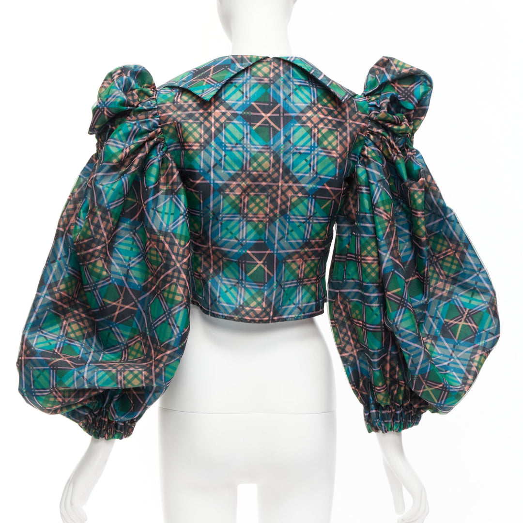 CHOPOVA LOWENA green plaid tartan gold textured button puff sleeve crop shirt S