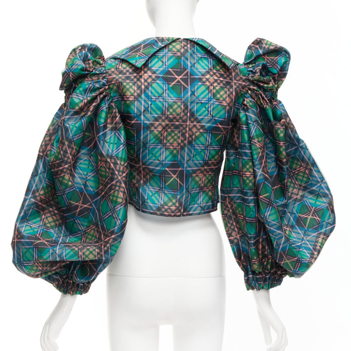 CHOPOVA LOWENA green plaid tartan gold textured button puff sleeve crop shirt S