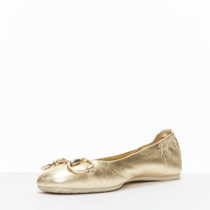 GUCCI metallic light gold Horsebit buckle round toe ballerina flats EU36