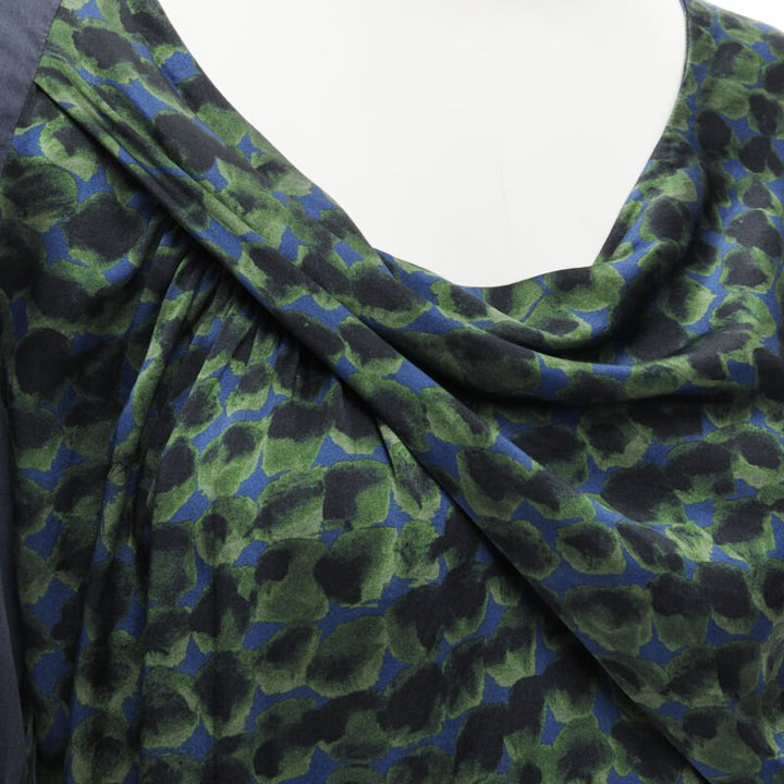 DRIES VAN NOTEN green navy draped silk contrast short sleeve dress FR36 S
