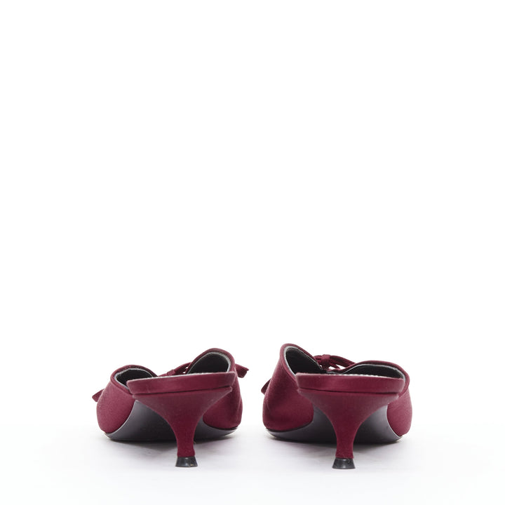 BALENCIAGA Demna Knife Mules burgundy satin bow pointy kitten heels EU38.5