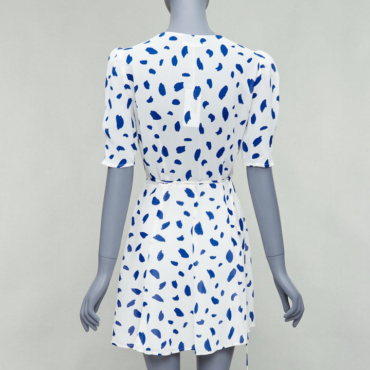 REFORMATION Lucky blue white Dalmatian print puff sleeve wrap dress M