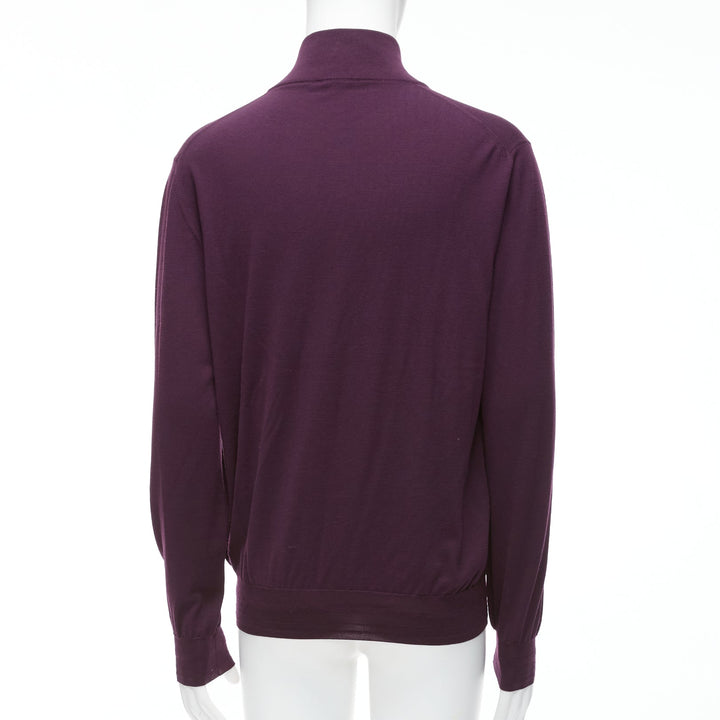 BRIONI 100% wool eggplant purple silk trimmed half zip long sleeve sweater
