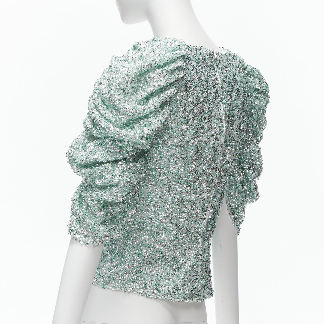 HALPERN seafoam green silver sequins deep V puff sleeves top FR36 XS