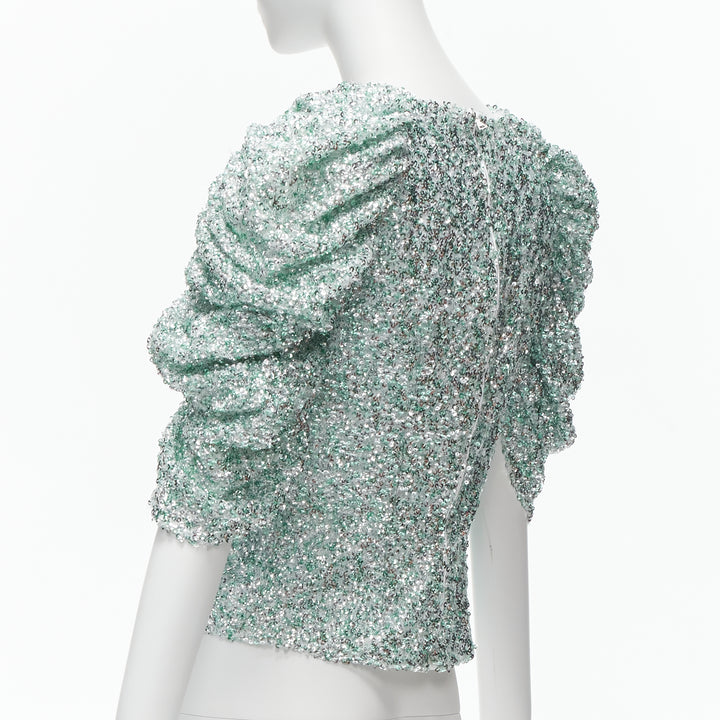 HALPERN seafoam green silver sequins deep V puff sleeves top FR36 XS