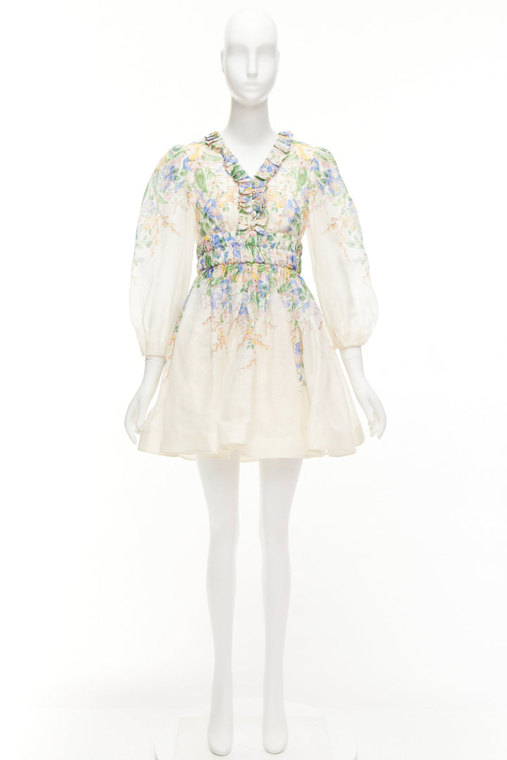 ZIMMERMANN Garden Floral blush pink silk linen blue floral billow dress AU1 M