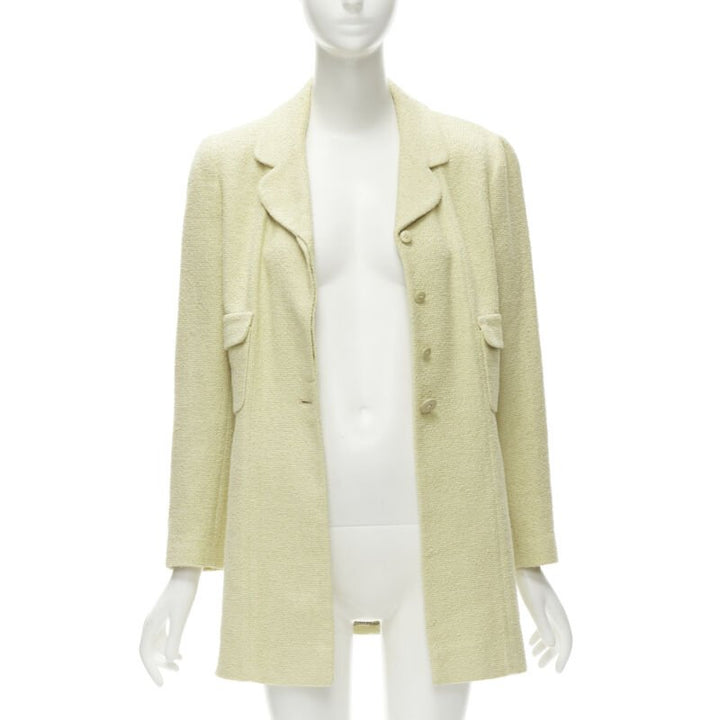 CHANEL 98C Vintage pastel yellow tweed CC button long jacket FR42 L