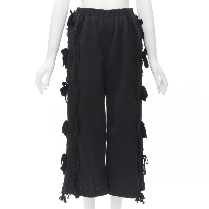 TRICOT COMME DES GARCONS black ruffle floral velvet ribbon trim wide pants S