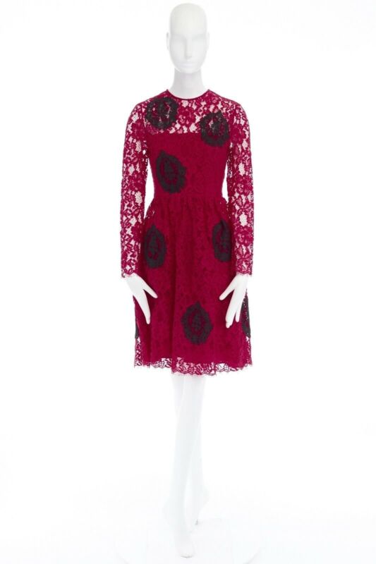 HUISHAN ZHANG red floral embroidered lace black spot flared cocktail dress US4 S