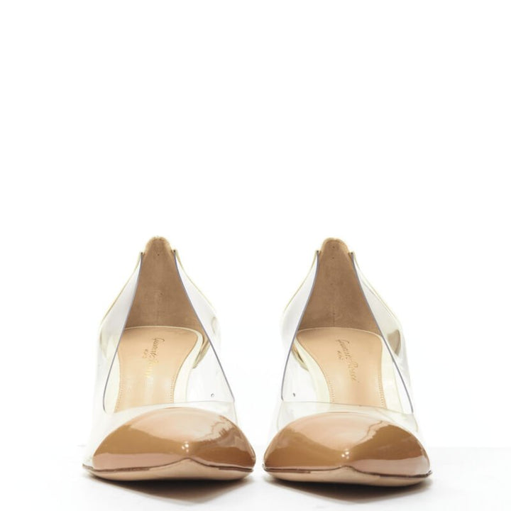 GIANVITO ROSSI Plexi Vernice Powder cream patent PVC nude toe cap heel EU37.5