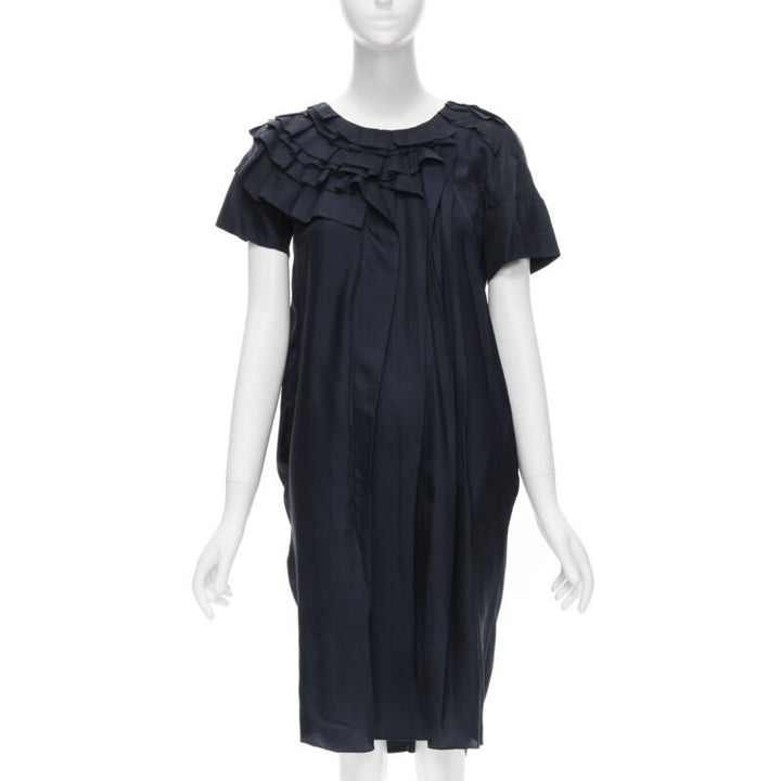 MARNI navy blue 100% silk ruffle neckline short sleeve silk dress IT38 XS