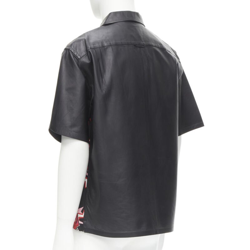 PRADA 2019 black red Rose Bolt cotton leather boxy bowling shirt EU48 M