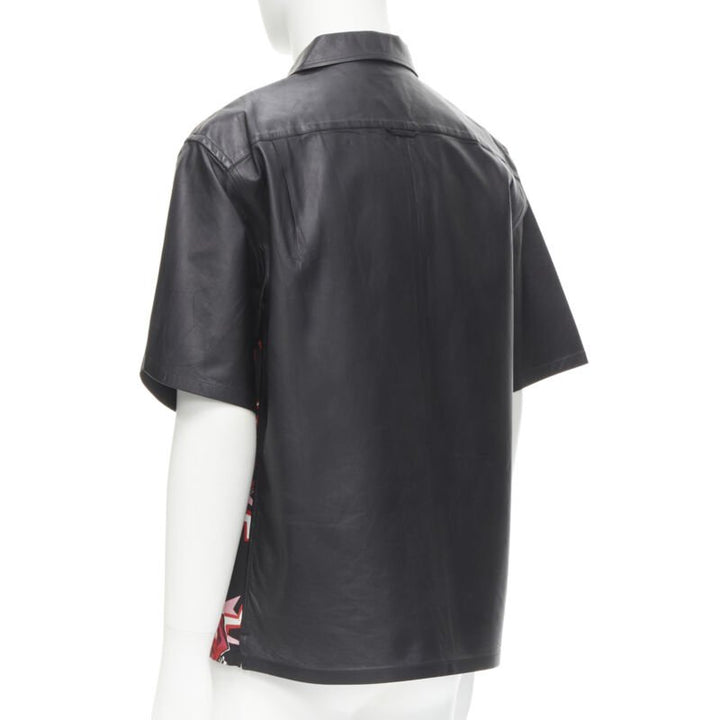 PRADA 2019 black red Rose Bolt cotton leather boxy bowling shirt EU48 M