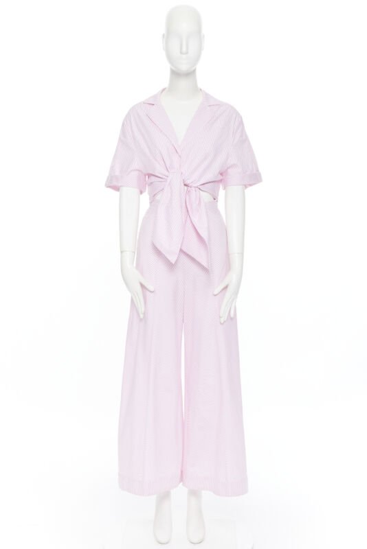 PETERSYN Belle pink white striped cotton tie front wide leg jumpsuit XS