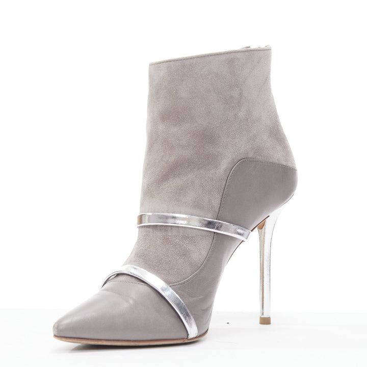 MALONE SOULIERS grey suede silver patent strap stiletto heeled booties EU37