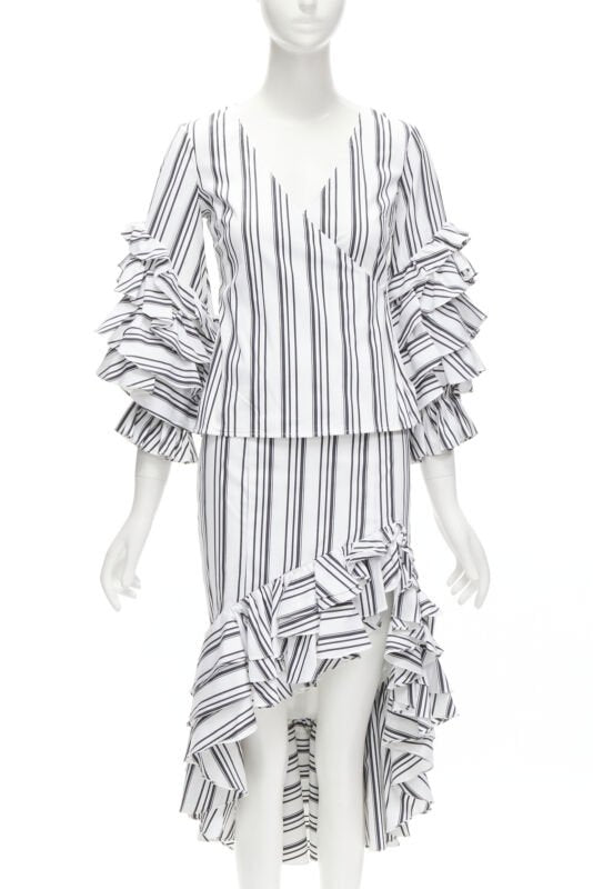 CAROLINE CONSTAS black white ruffled stripes wrap top high low skirt set XS