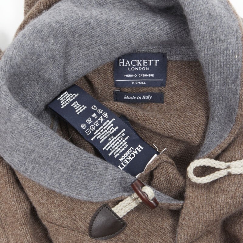 HACKETT Merino Cashmere brown grey shawl collar toggle pullover sweater XS