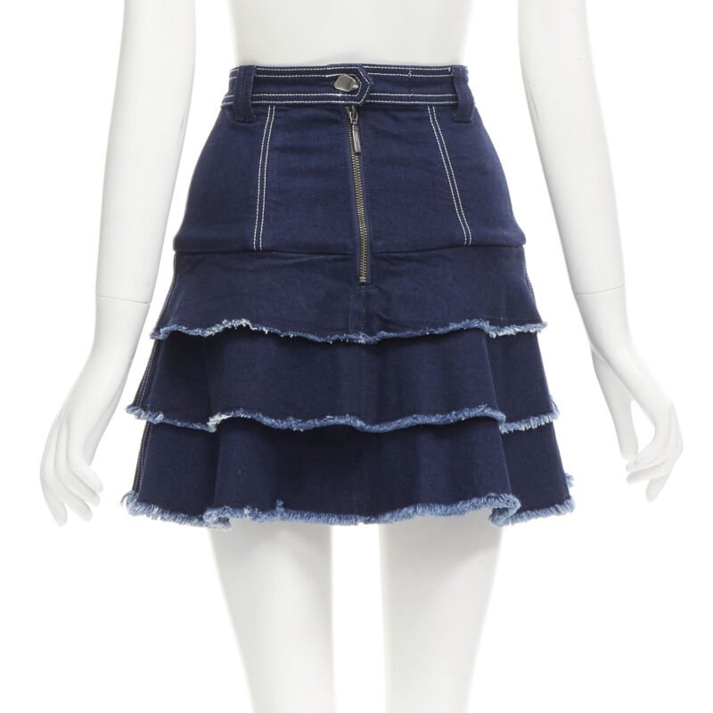 AJE hammered silver buttons blue frayed edge tiered denim skirt UK6 XS